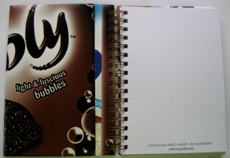 Inside view of the recycled poster notebook made from a Cadbury bubbly chocolate campaign